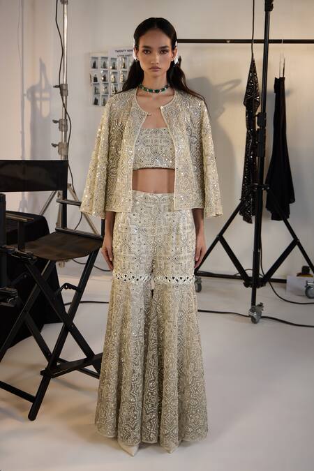 Shop Twenty Nine Silver Tulle Mirrors Geometric Work Sharara Online at Aza Fashions Shop_Twenty Nine_Silver Tulle Mirrors Geometric Work Sharara _Online_at_Aza_Fashions