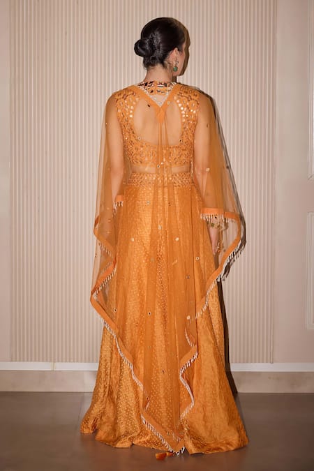 Shop Twenty Nine Orange Silk Mirrors, Embroidery Collared Mirrorwork Sharara Set at Aza Fashions Shop_Twenty Nine_Orange Silk Mirrors, Embroidery Collared Mirrorwork Sharara Set _at_Aza_Fashions