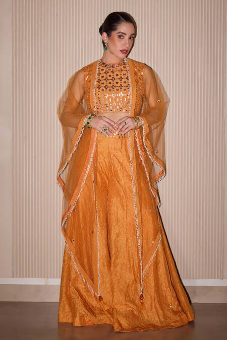 Twenty Nine Orange Silk Mirrors, Embroidery Collared Mirrorwork Sharara Set Online at Aza Fashions Twenty Nine_Orange Silk Mirrors, Embroidery Collared Mirrorwork Sharara Set _Online_at_Aza_Fashions