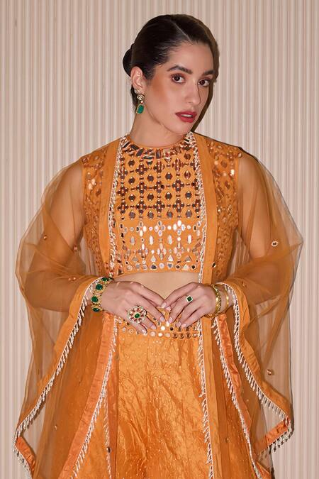 Buy Twenty Nine Orange Silk Mirrors, Embroidery Collared Mirrorwork Sharara Set Online at Aza Fashions Buy_Twenty Nine_Orange Silk Mirrors, Embroidery Collared Mirrorwork Sharara Set _Online_at_Aza_Fashions