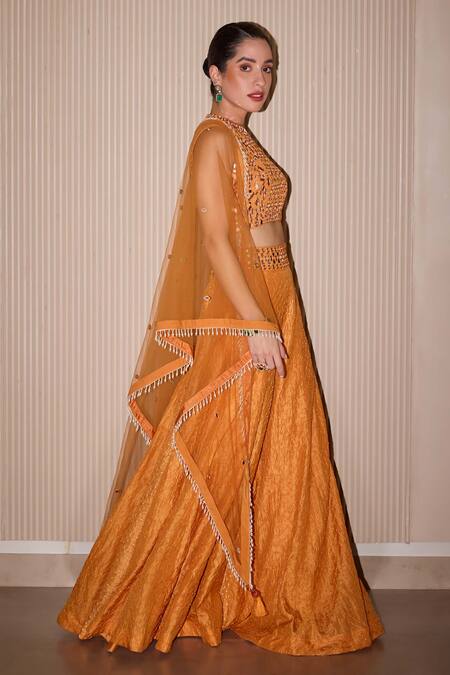 Twenty Nine Orange Silk Mirrors, Embroidery Collared Mirrorwork Sharara Set at Aza Fashions Twenty Nine_Orange Silk Mirrors, Embroidery Collared Mirrorwork Sharara Set _at_Aza_Fashions