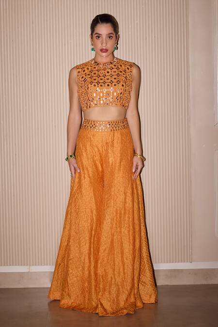 Buy Twenty Nine Orange Silk Mirrors, Embroidery Collared Mirrorwork Sharara Set Buy_Twenty Nine_Orange Silk Mirrors, Embroidery Collared Mirrorwork Sharara Set