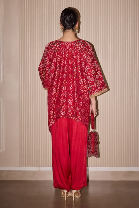 Shop_Twenty Nine_Red Silk Embroidery, Zari Collared Patola Kurta Set _at_Aza_Fashions