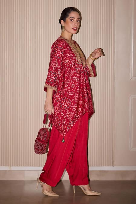 Twenty Nine_Red Silk Embroidery, Zari Collared Patola Kurta Set _Online_at_Aza_Fashions