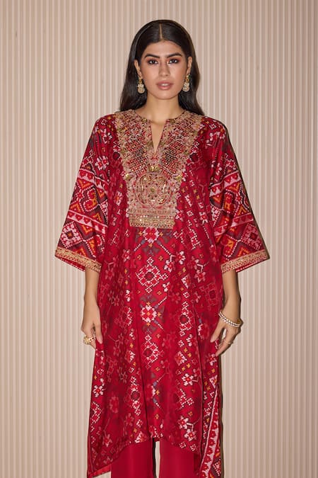 Shop Twenty Nine Red Silk Embroidery Open Neck Asymmetric Patola Kurta Set Online at Aza Fashions Shop_Twenty Nine_Red Silk Embroidery Open Neck Asymmetric Patola Kurta Set _Online_at_Aza_Fashions