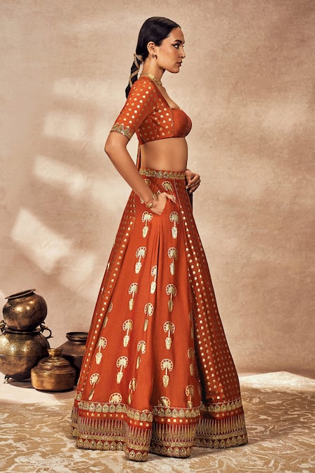 Shop_Masaba_Orange Silk, Organza Embroidery, Foil Printing Square Neck Lehenga Set _Online_at_Aza_Fashions