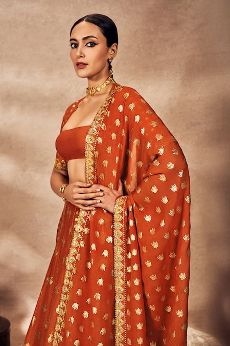 Buy_Masaba_Orange Silk, Organza Embroidery, Foil Printing Square Neck Lehenga Set _Online_at_Aza_Fashions
