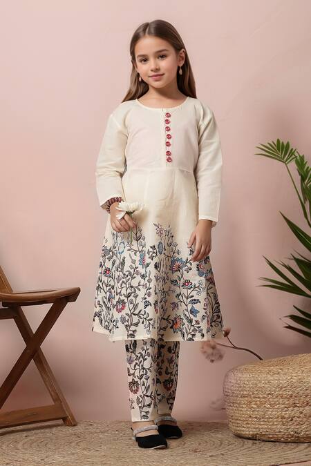 Petite Pomme Cream Cotton Embroidery Flower Print Kurta And Trouser Set Online at Aza Fashions Petite Pomme_Cream Cotton Embroidery Flower Print Kurta And Trouser Set _Online_at_Aza_Fashions