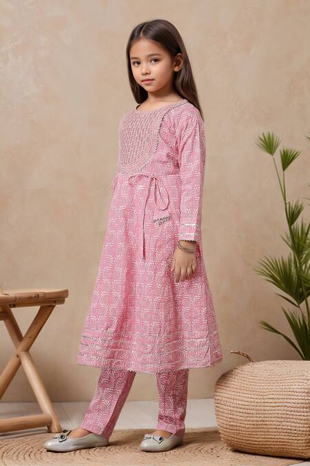 Petite Pomme_Pink Cotton Embroidery Printed Anarkali And Trouser Set _Online_at_Aza_Fashions