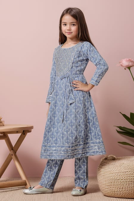 Buy_Petite Pomme_Blue Cotton Embroidery Printed Yoke Anarkali And Trouser Set _Online_at_Aza_Fashions