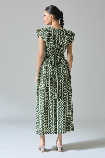 Shop Samyukta Singhania Green Cotton Round Neck Chevron Print Jumpsuit at Aza Fashions Shop_Samyukta Singhania_Green Cotton Round Neck Chevron Print Jumpsuit_at_Aza_Fashions