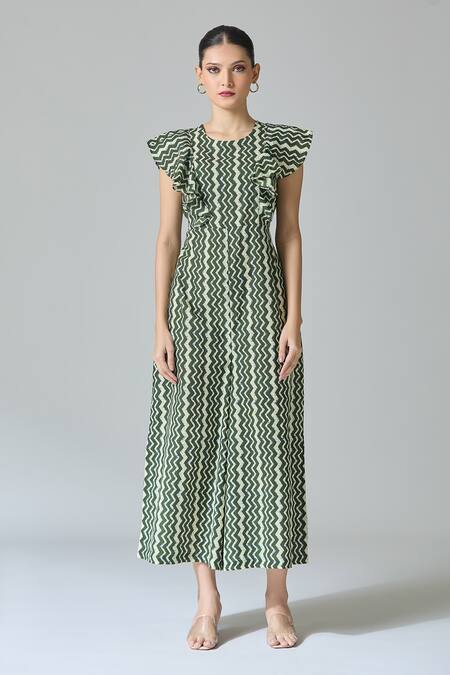 Samyukta Singhania Green Cotton Round Neck Chevron Print Jumpsuit Online at Aza Fashions Samyukta Singhania_Green Cotton Round Neck Chevron Print Jumpsuit_Online_at_Aza_Fashions