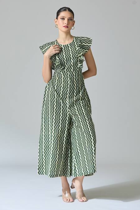 Shop Samyukta Singhania Green Cotton Round Neck Chevron Print Jumpsuit Online at Aza Fashions Shop_Samyukta Singhania_Green Cotton Round Neck Chevron Print Jumpsuit_Online_at_Aza_Fashions