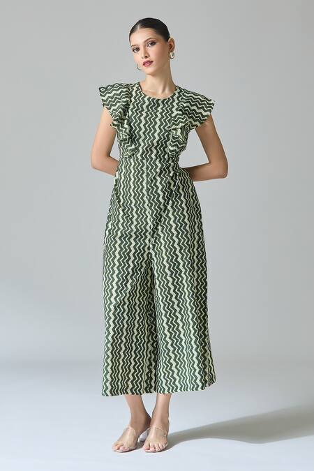 Samyukta Singhania Green Cotton Round Neck Chevron Print Jumpsuit at Aza Fashions Samyukta Singhania_Green Cotton Round Neck Chevron Print Jumpsuit_at_Aza_Fashions