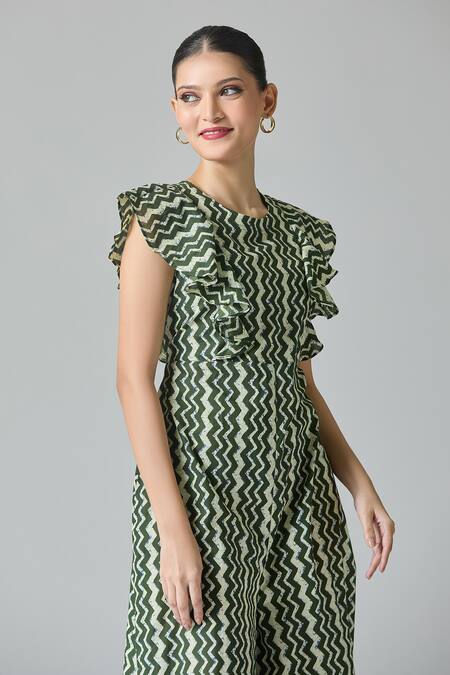 Buy Samyukta Singhania Green Cotton Round Neck Chevron Print Jumpsuit Buy_Samyukta Singhania_Green Cotton Round Neck Chevron Print Jumpsuit