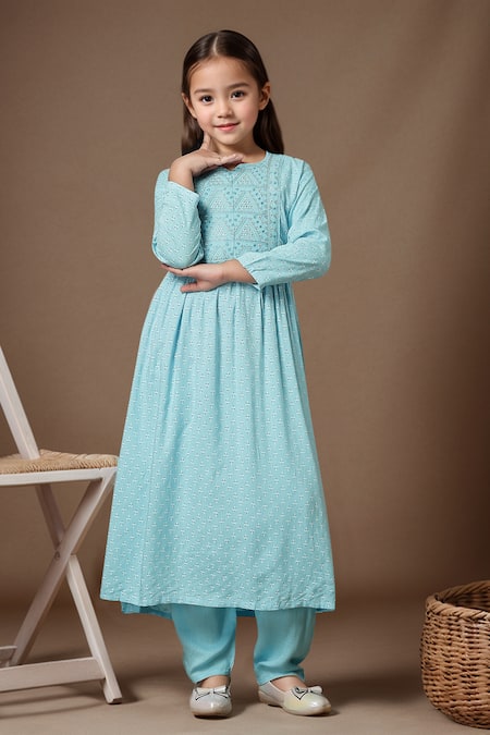Petite Pomme_Blue Rayon Embroidery Thread Anarkali And Trouser Set _Online_at_Aza_Fashions