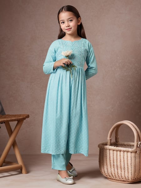 Shop_Petite Pomme_Blue Rayon Embroidery Thread Anarkali And Trouser Set _Online_at_Aza_Fashions