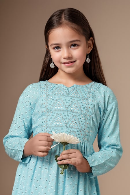 Buy_Petite Pomme_Blue Rayon Embroidery Thread Anarkali And Trouser Set _Online_at_Aza_Fashions