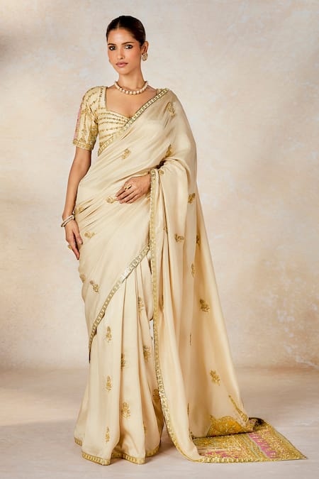 Masaba_Beige Silk, Tulle Embroidery, The Bombay Barfi Saree Set With Veil And Dupatta _at_Aza_Fashions