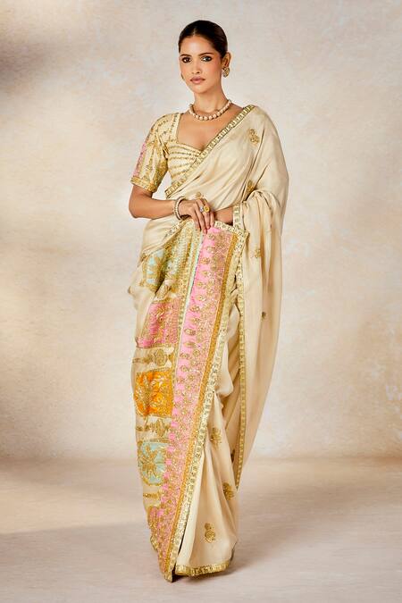Buy_Masaba_Beige Silk, Tulle Embroidery, The Bombay Barfi Saree Set With Veil And Dupatta 