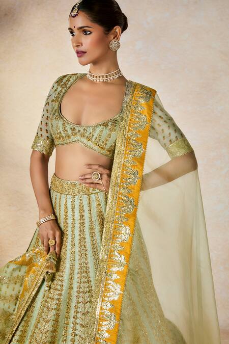 Shop_Masaba_Green , Organza, Viscose Kashni Embellished Bridal Lehenga Set _Online_at_Aza_Fashions