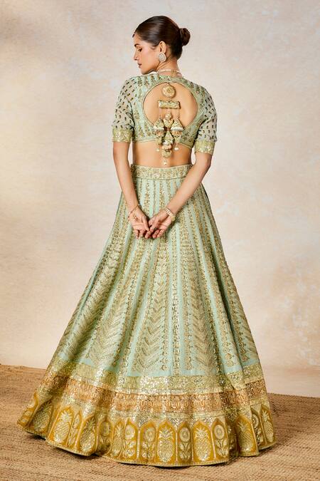 Shop_Masaba_Green , Organza, Viscose Kashni Embellished Bridal Lehenga Set 
