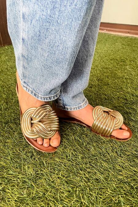 Modanta Footwear_Gold Infinity Strap Flats _Online_at_Aza_Fashions