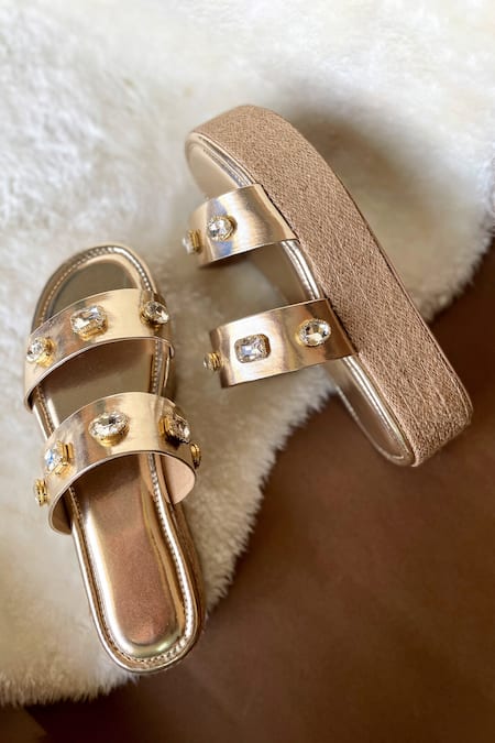 Modanta Footwear Gold Crystal Embellished Double Strap Heels 