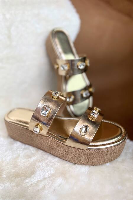 Modanta Footwear_Gold Crystals Embellished Double Strap Heels _Online_at_Aza_Fashions