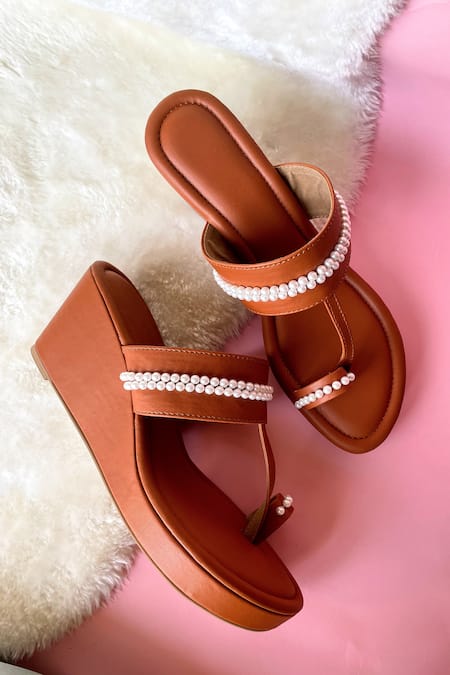 Modanta Footwear Pearl Embellished Kolhapuri Wedges 