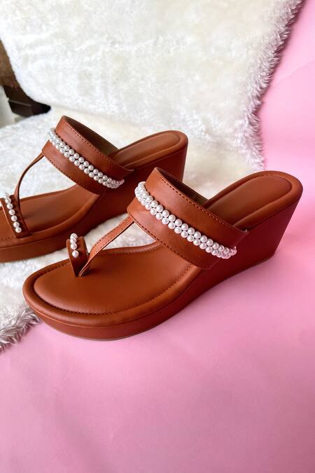 Modanta Footwear_Brown Pearls Tan Embellished Kolhapuri Wedges _Online_at_Aza_Fashions