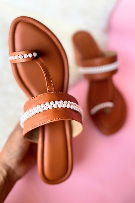 Buy_Modanta Footwear_Brown Pearls Tan Embellished Kolhapuri Wedges _Online_at_Aza_Fashions