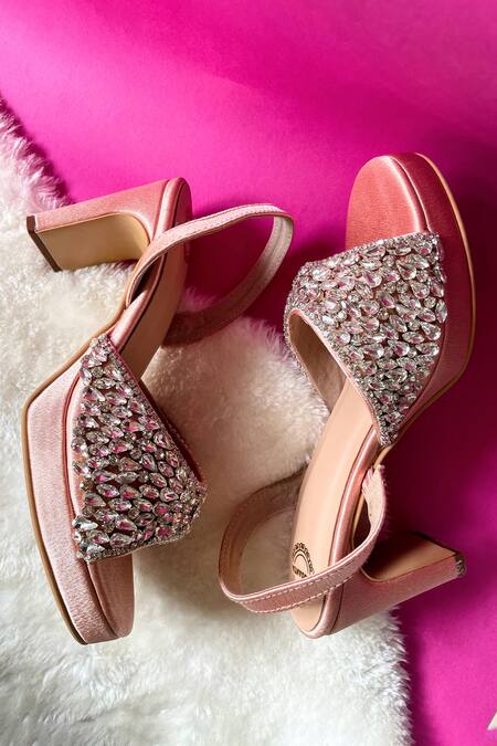 Modanta Footwear Peach Crystal Embellished Heels 