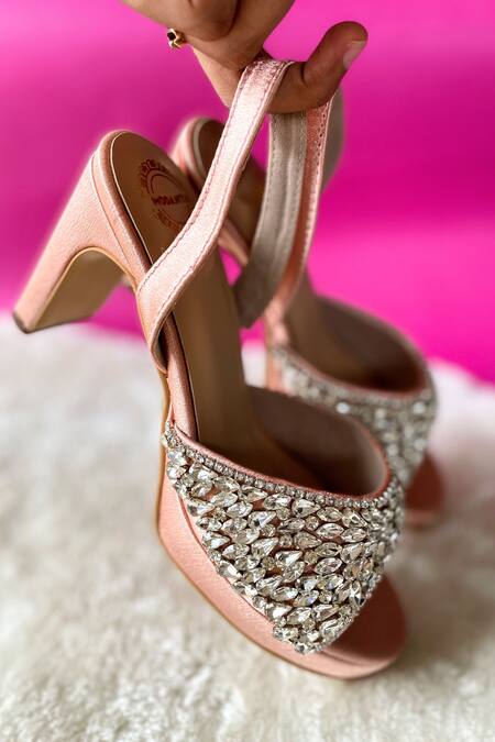 Modanta Footwear_Peach Crystals Embellished Heels _Online_at_Aza_Fashions