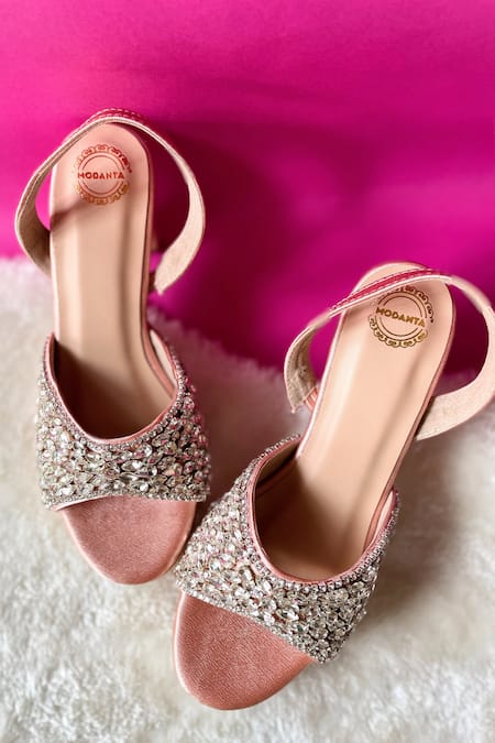 Buy_Modanta Footwear_Peach Crystals Embellished Heels _Online_at_Aza_Fashions