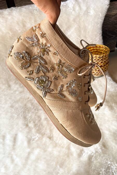 Modanta Footwear_Beige Bloom Embroidered Lace Up Sneakers _Online_at_Aza_Fashions