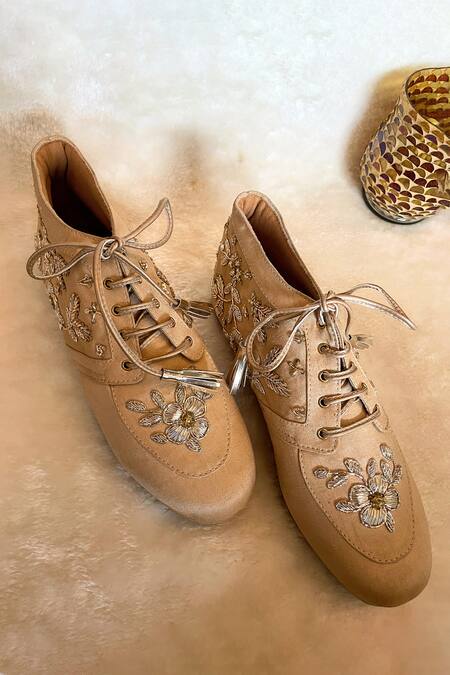 Buy_Modanta Footwear_Beige Bloom Embroidered Lace Up Sneakers _Online_at_Aza_Fashions