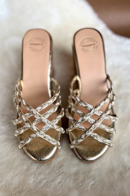 Modanta Footwear Gold Embellished Lace Strap Wedges 