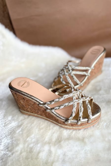 Modanta Footwear_Gold Lace, Pearls Embellished Strap Wedges _Online_at_Aza_Fashions