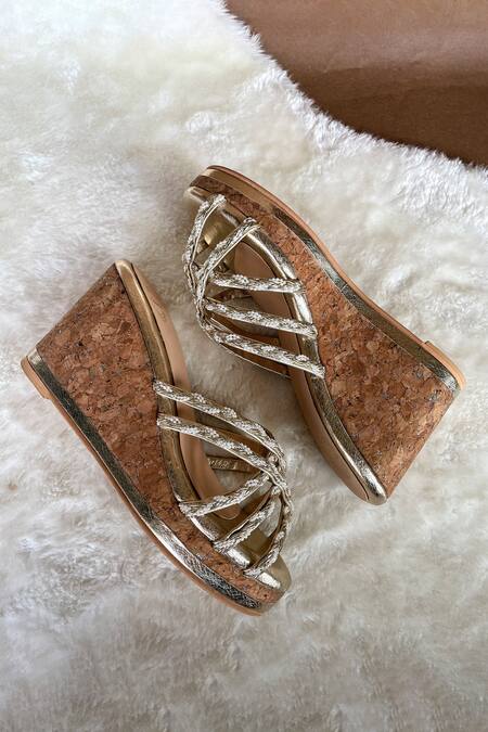 Buy_Modanta Footwear_Gold Lace, Pearls Embellished Strap Wedges _Online_at_Aza_Fashions
