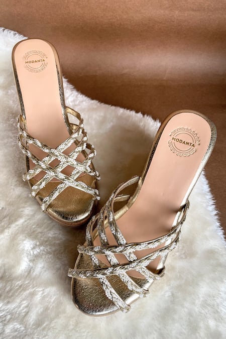 Shop_Modanta Footwear_Gold Lace, Pearls Embellished Strap Wedges _Online_at_Aza_Fashions