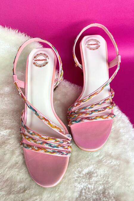 Modanta Footwear Pink Embellished Lace Strap Wedges 