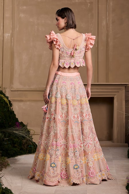 Shop_Chandrima_Pink Chanderi, Cotton Beads, Embroidery Embellished Floral Cordwork Bustier _at_Aza_Fashions