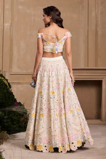 Shop Chandrima Ivory Chanderi Embroidery Off-shoulder Embellished 3d Floral Applique Bustier at Aza Fashions Shop_Chandrima_Ivory Chanderi Embroidery Off-shoulder Embellished 3d Floral Applique Bustier _at_Aza_Fashions