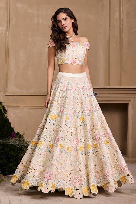 Chandrima Ivory Chanderi Embroidery Off-shoulder Embellished 3d Floral Applique Bustier Online at Aza Fashions Chandrima_Ivory Chanderi Embroidery Off-shoulder Embellished 3d Floral Applique Bustier _Online_at_Aza_Fashions