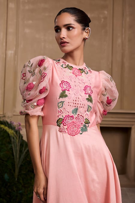 Chandrima Pink Chanderi, Cotton Applique, Beads, Cut Work Round Neck 3d Floral Maxi Dress Online at Aza Fashions Chandrima_Pink Chanderi, Cotton Applique, Beads, Cut Work Round Neck 3d Floral Maxi Dress _Online_at_Aza_Fashions