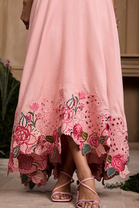 Buy Chandrima Pink Chanderi, Cotton Applique, Beads, Cut Work Round Neck 3d Floral Maxi Dress Online at Aza Fashions Buy_Chandrima_Pink Chanderi, Cotton Applique, Beads, Cut Work Round Neck 3d Floral Maxi Dress _Online_at_Aza_Fashions