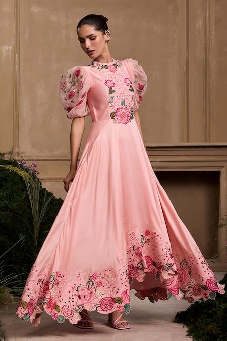 Shop Chandrima Pink Chanderi, Cotton Applique, Beads, Cut Work Round Neck 3d Floral Maxi Dress Online at Aza Fashions Shop_Chandrima_Pink Chanderi, Cotton Applique, Beads, Cut Work Round Neck 3d Floral Maxi Dress _Online_at_Aza_Fashions