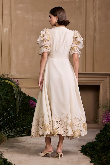 Chandrima Ivory Cutwork Applique Midi Dress 