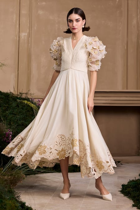 Shop Chandrima Ivory Chanderi, Cotton Cut Work, Applique V-neck Cutwork Midi Dress Online at Aza Fashions Shop_Chandrima_Ivory Chanderi, Cotton Cut Work, Applique V-neck Cutwork Midi Dress _Online_at_Aza_Fashions
